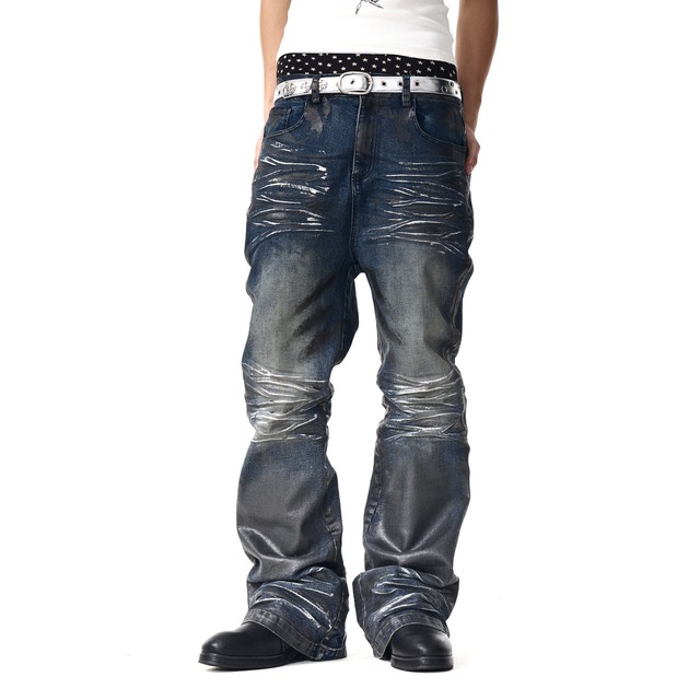 【DRIP6901】F3X Wax Coated Distressed Slim Flare Denim Pants