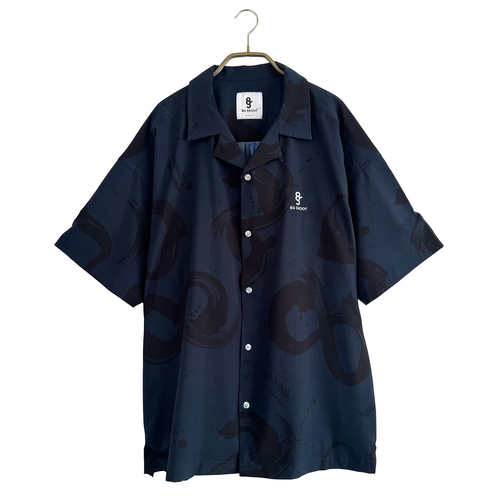 CALLIGRAPHY PATTERN OPEN COLLAR SHIRTS -NAVY-