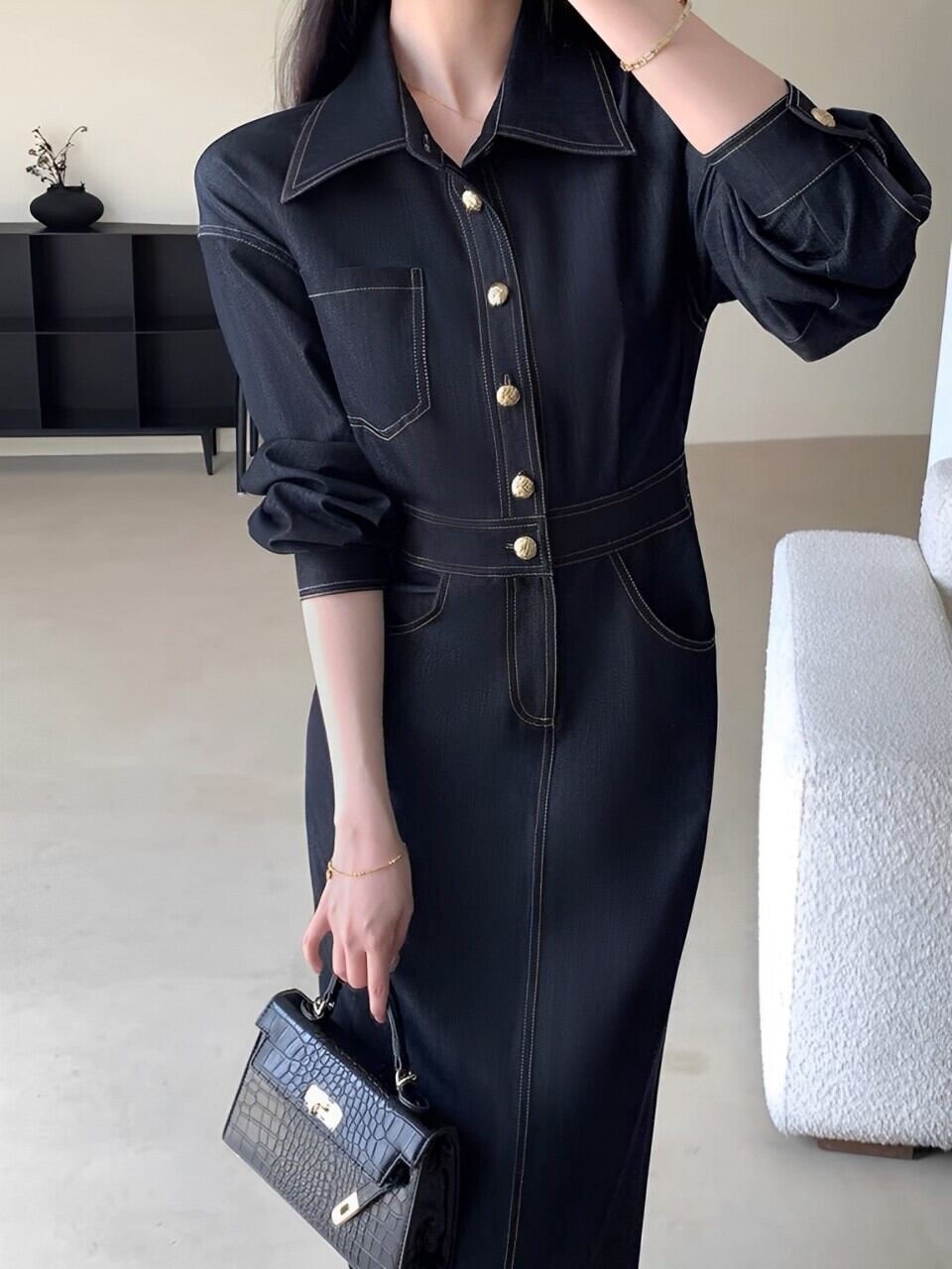 waist slim denim dress.3188