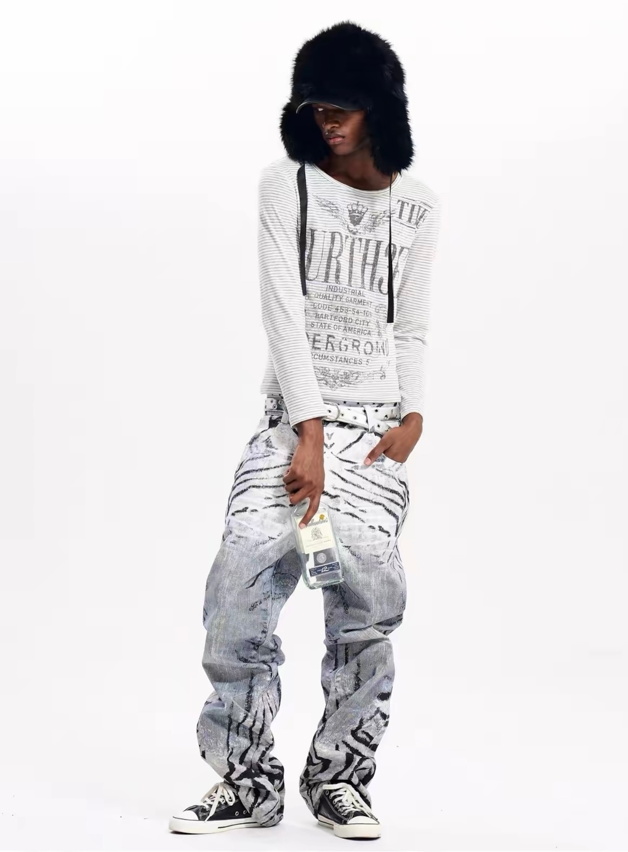 【Fourth3ex】Zebra Print Distressed Denim Pants