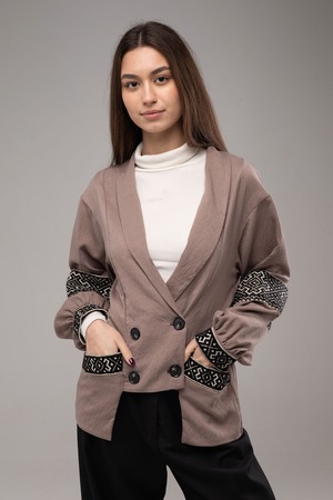 ウクライナ刺繍ジャケット　グラージュ・ニジンカ（平行縫い）手縫い　レディース・フリーサイズ