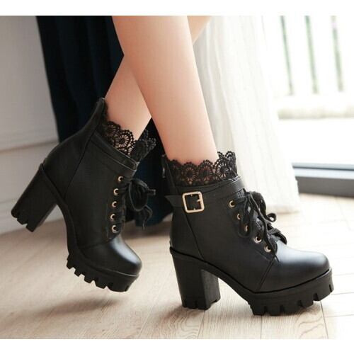 編み上げブーツ レディース ショートブーツ チャンキーヒール