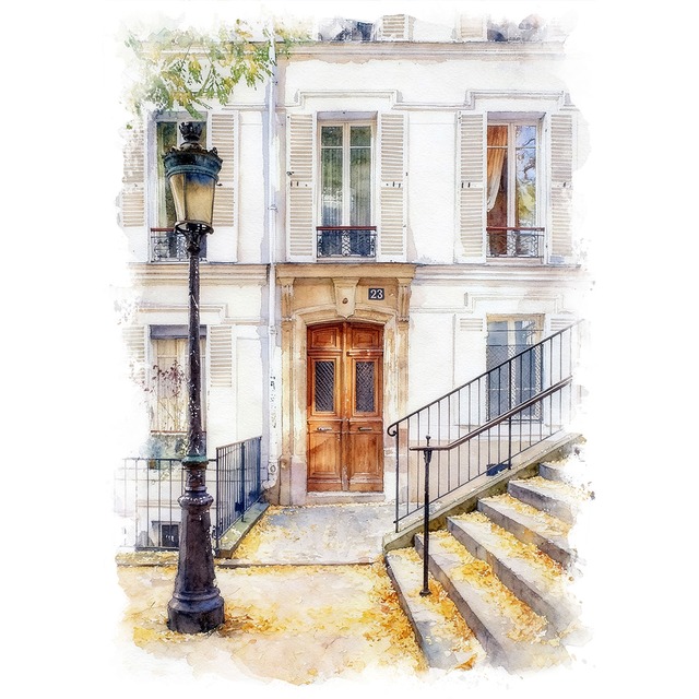 絵画 フランス 風景画(街並み) 秋 紅葉の パリ モンマルトル インテリアアート額付き 水彩画・油絵調 WAT0484