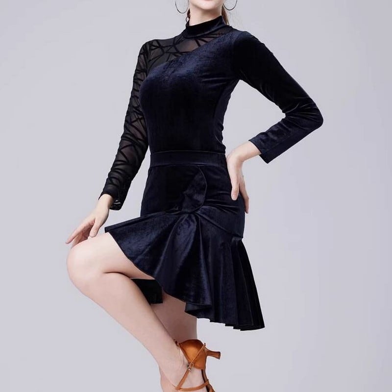 アシンメトリーシアースリーブ・ベルベットラテンドレス ds0977