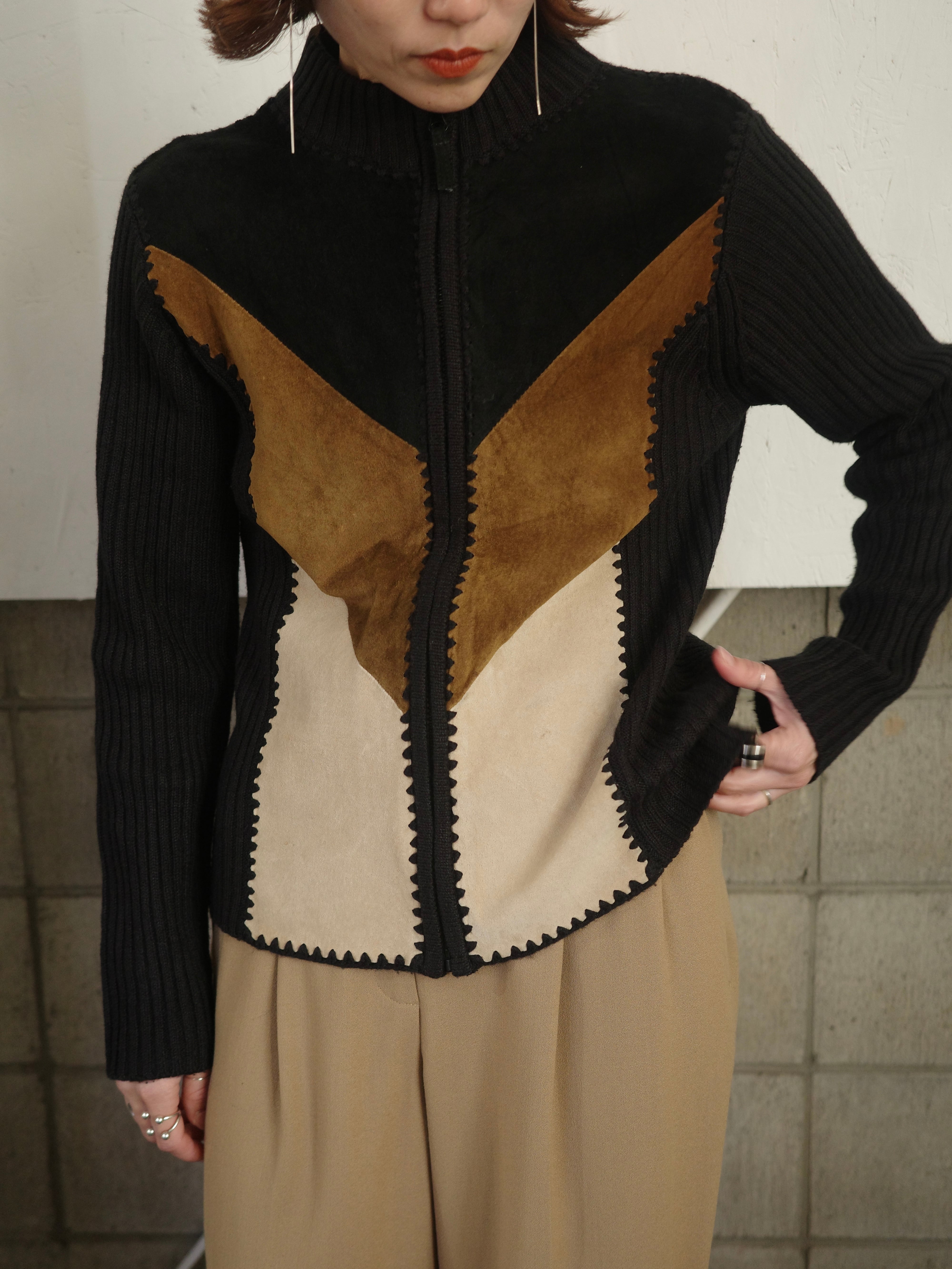 〈vintage〉patchwork suede knit cardigan