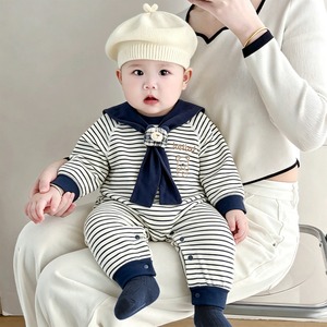 【BABY】helloクマボーダーロンパース