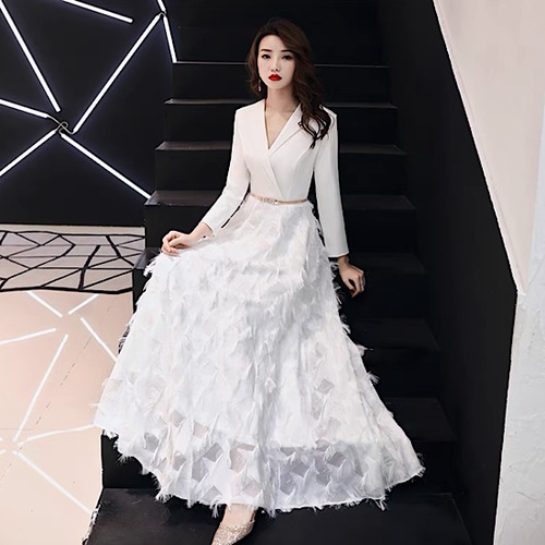 演奏会ドレス イブニングドレス スーツ風 フェザーデザイン 長袖 Vネック 発表会 演奏会 レディース 結婚式 ステージ衣装 ロング丈 エレガント ウエディングドレス カラードレス