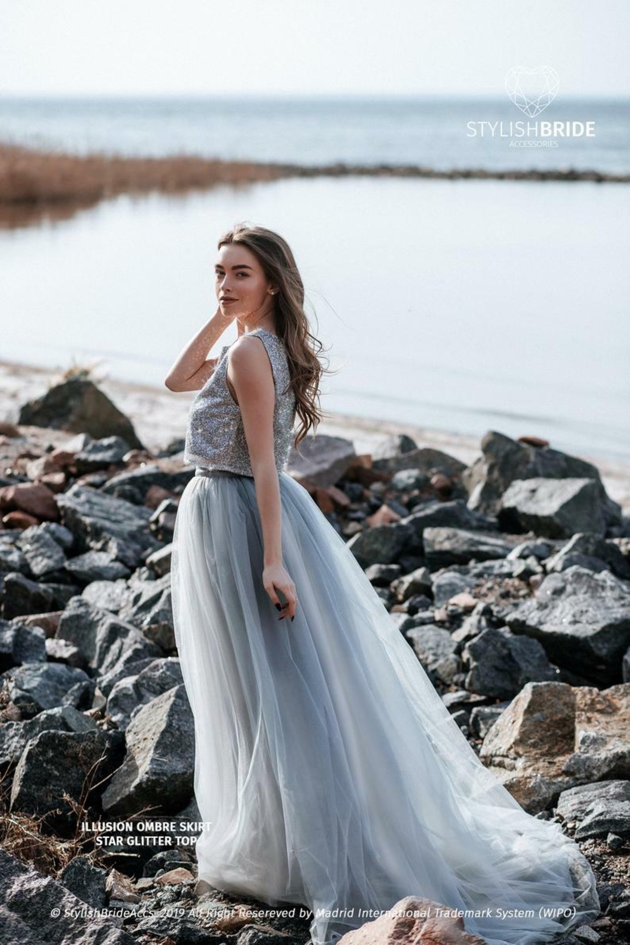 カラードレス グレー ソフトチュール ツーピース トレーン エレガント  