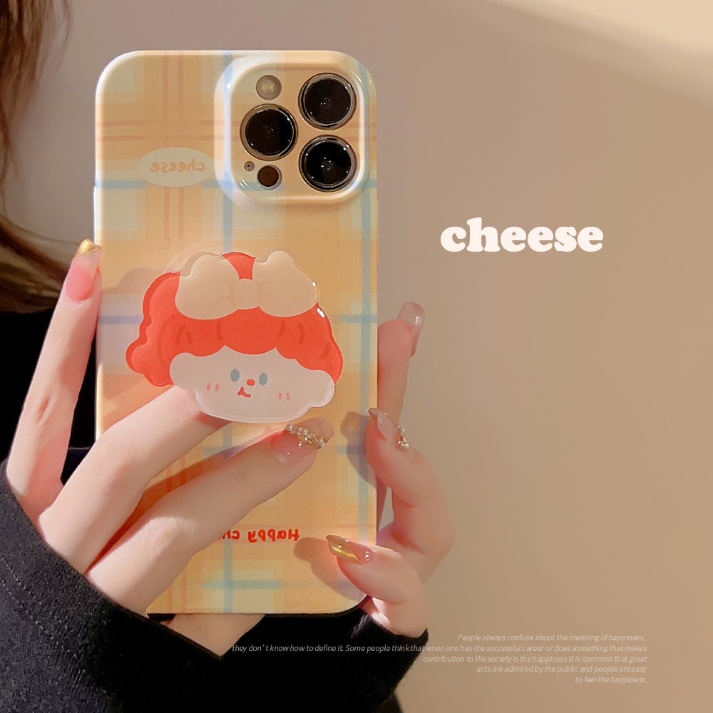 【iPhone16対応】 かわいい女の子◎チェック柄 オレンジ スマホグリップ カメラ保護 韓国っぽ おしゃれ スマホケース ND-15222