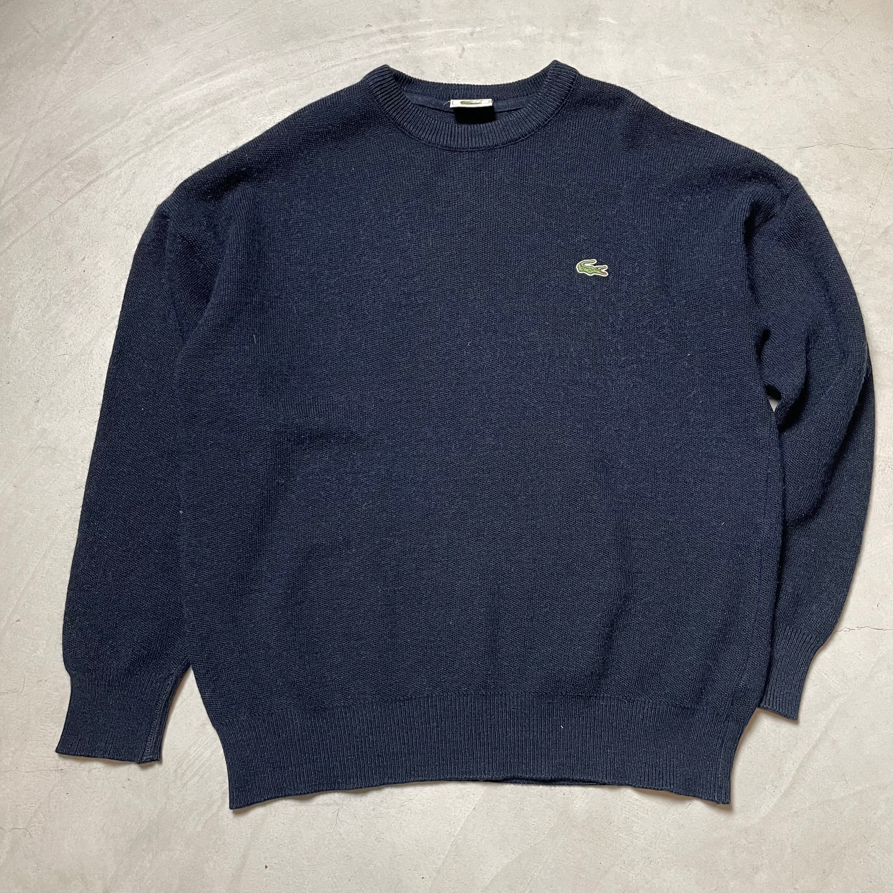 LACOSTE クルーネック ウールニットセーター メンズL相当 古着 ネイビー 紺色【ニットセーター】