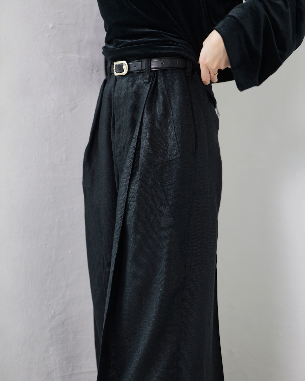 i’m here - Linen Wide Pants :Black|3種リネン切替/ワイド/“だまし絵”前立て