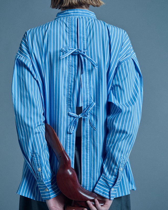 MRS.WORKWARE BAND COLLAR SPLIT-BACK SHIRT - STRIPE #713