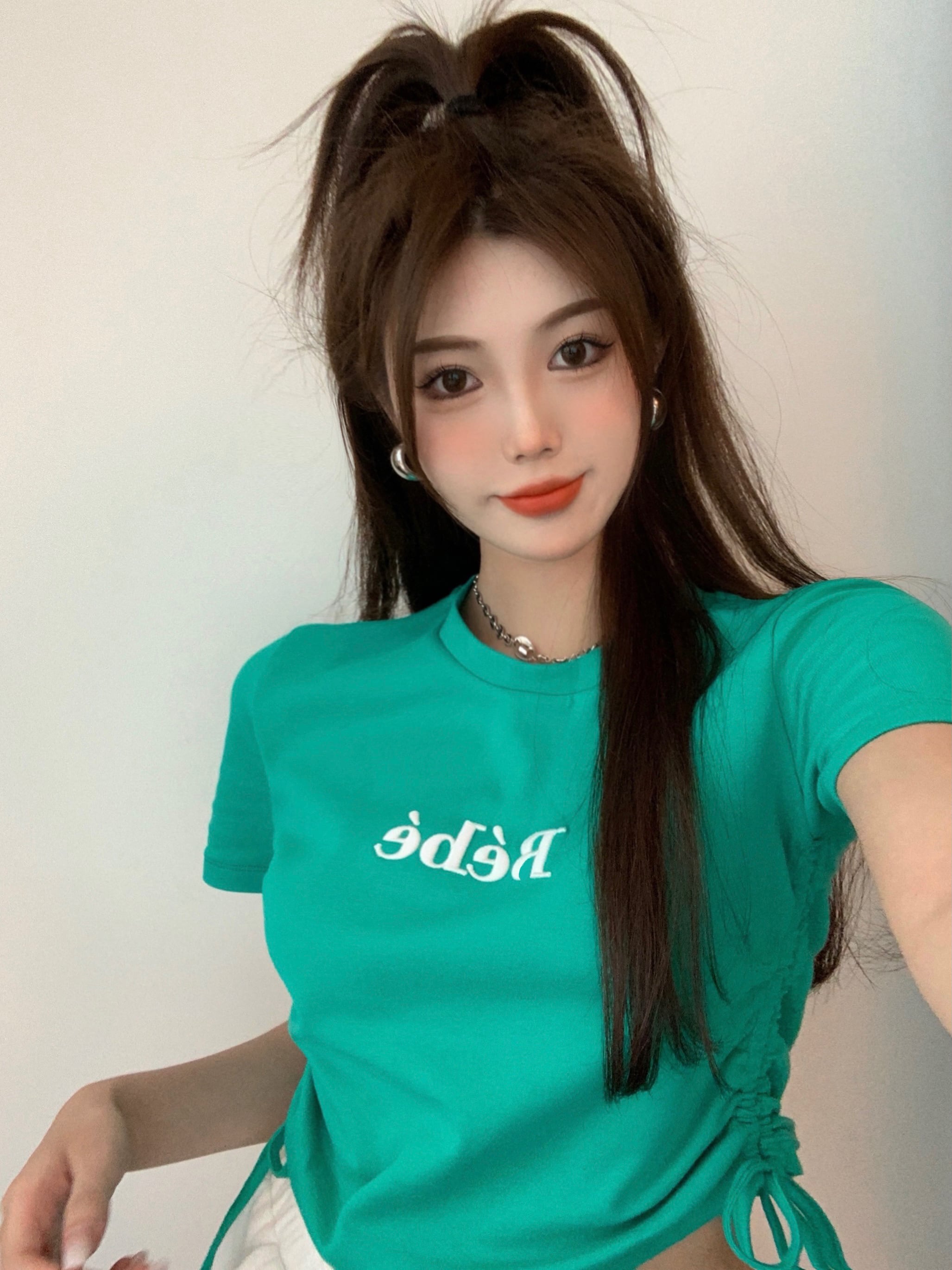 Tシャツ サマーショートクロップドグリーンギャザー半袖スリーブトップス ハーフスリーブ 夏物 ピュア ブラックストロベリース36765372296