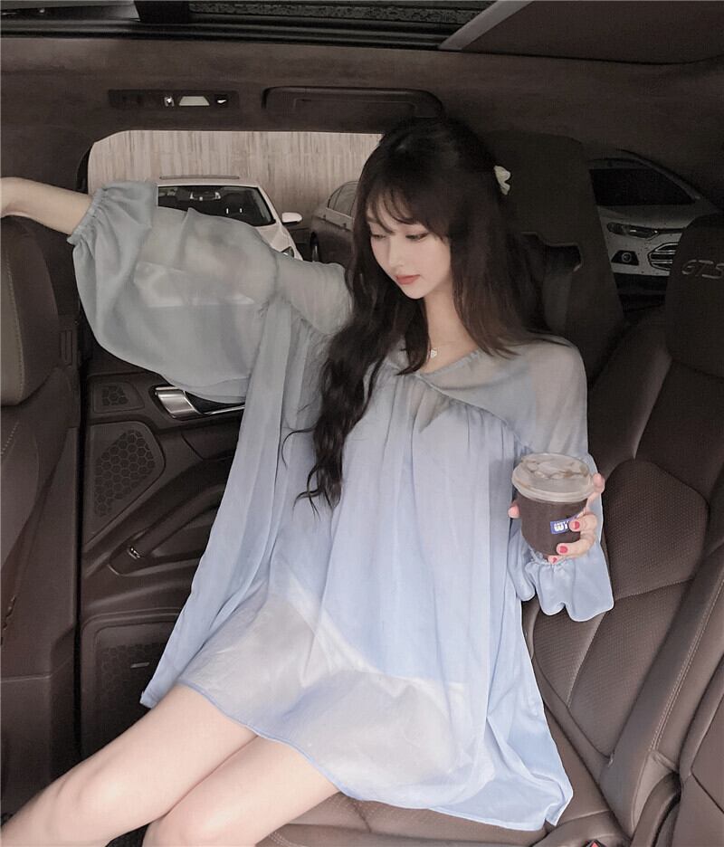 シフォンシャツ ルーズブルーサマートップス ロング 夏物 ブラックストロベリース47301923402