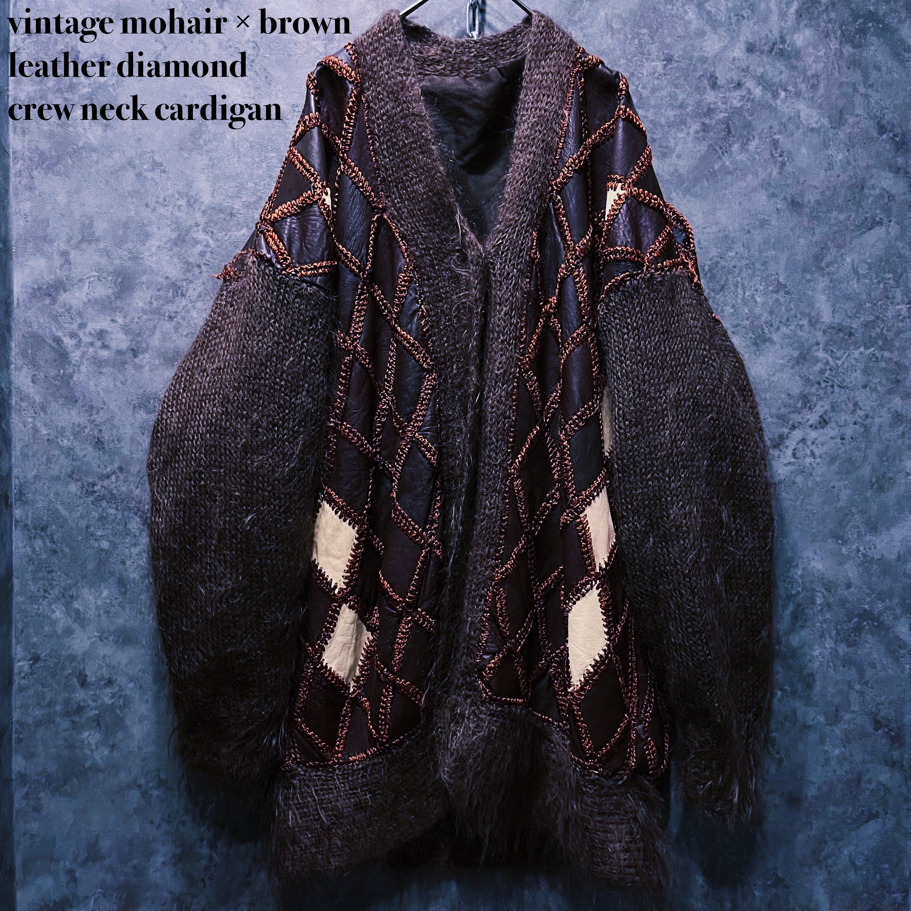 【doppio】vintage mohair × brown leather diamond crew neck cardigan