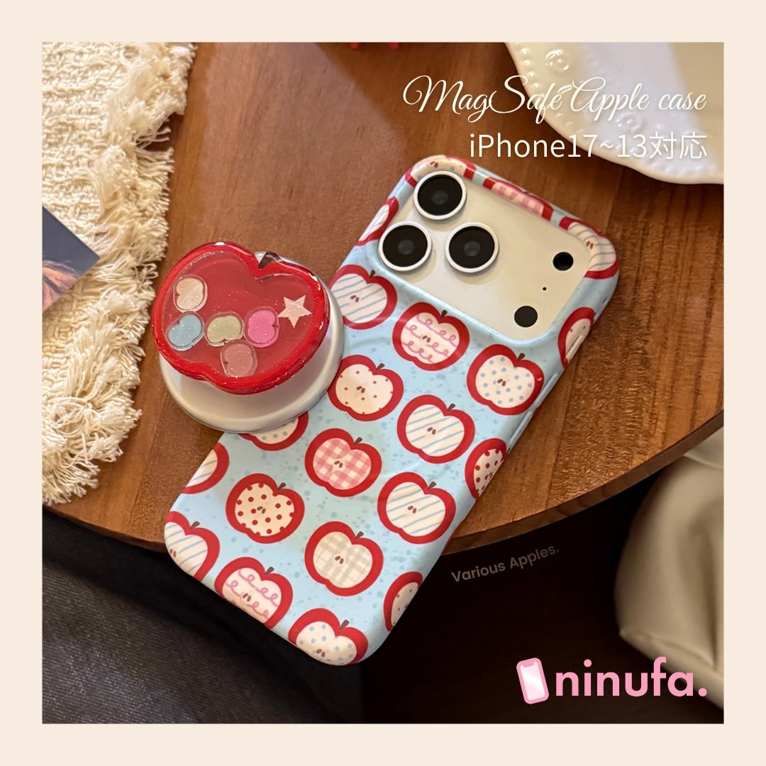 【iPhone17〜13 / MagSafe対応】りんごの季節◎レトロかわいい アップル柄 韓国スマホケース ワイヤレス充電対応 ND-16729
