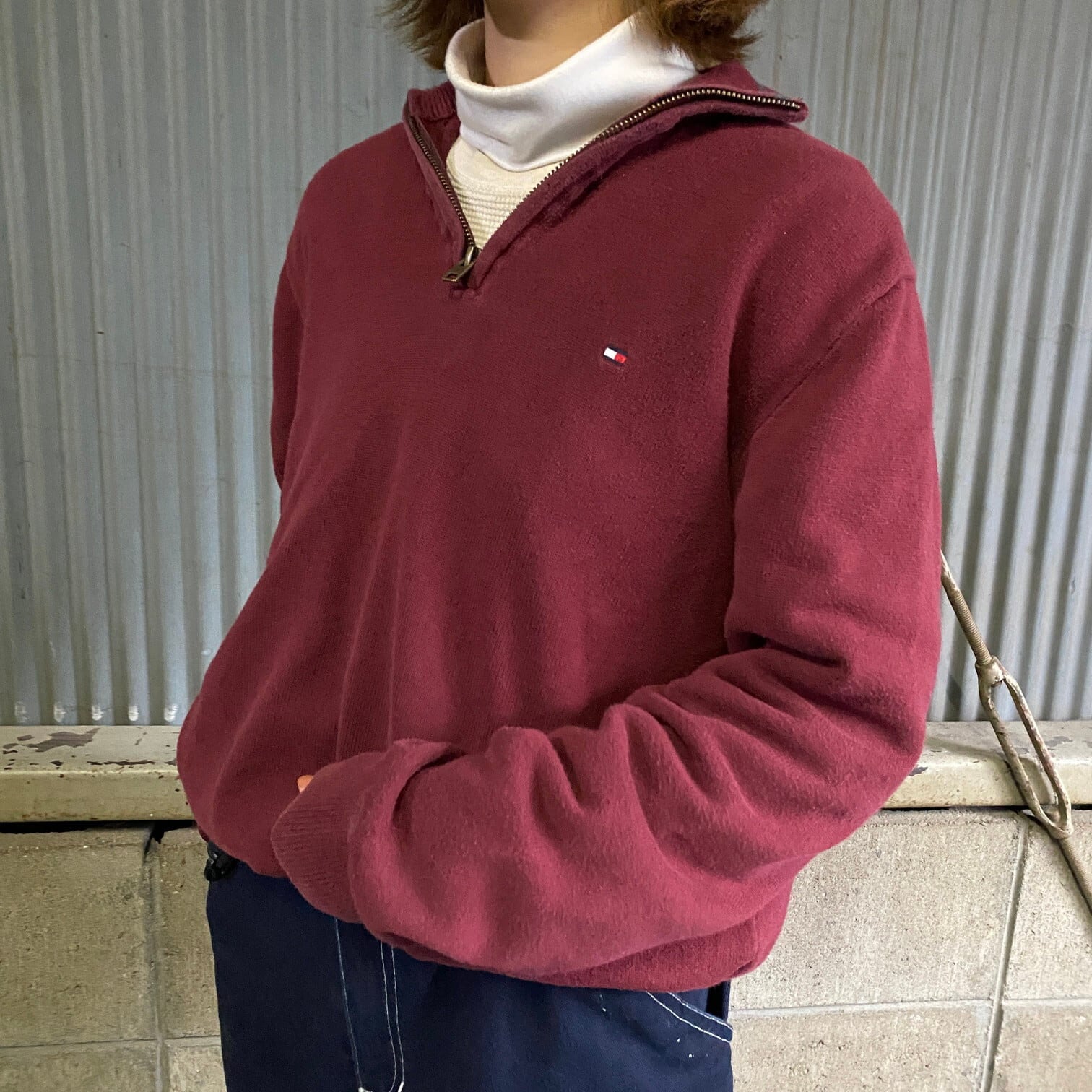 トミーヒルフィガー ハーフジップ コットンニットセーター メンズM 