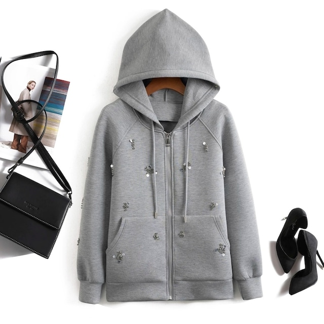 Scattered bijou zip hoodie　M1806