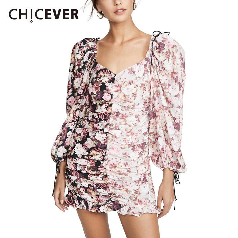 CHICEVERピンクドレスレディーススクエアカラーランタン長袖シャーリング巾着ボディコンミニドレス2020秋 ロング スクウェア 6base52989211255