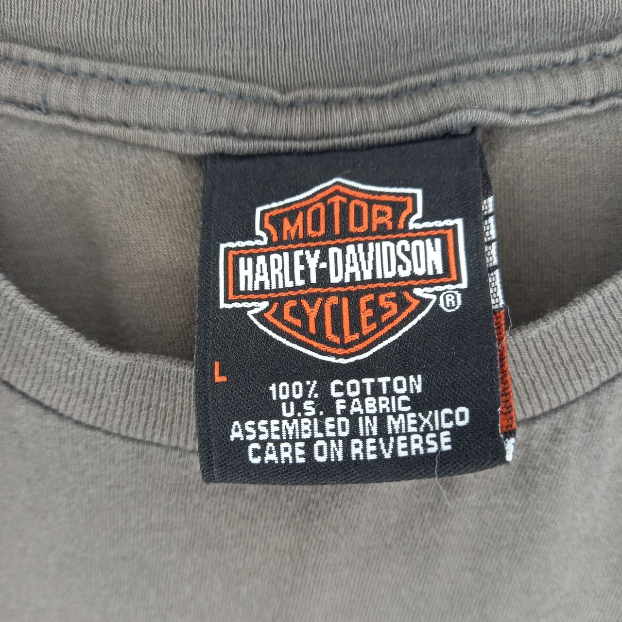 ハーレーダビットソン　クルーネック　プリントTシャツ　ビッグロゴ　カーキ　L