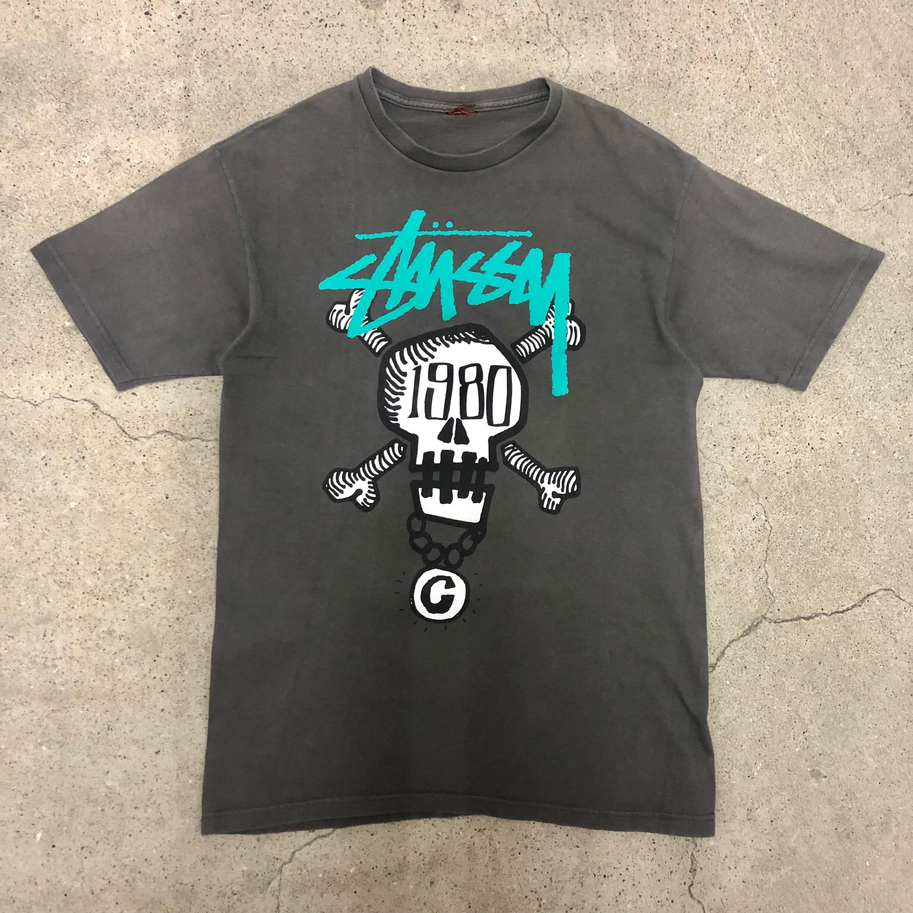 00s STUSSY/Skull print Tee/M相当/スカルプリント/Tシャツ/グレー 