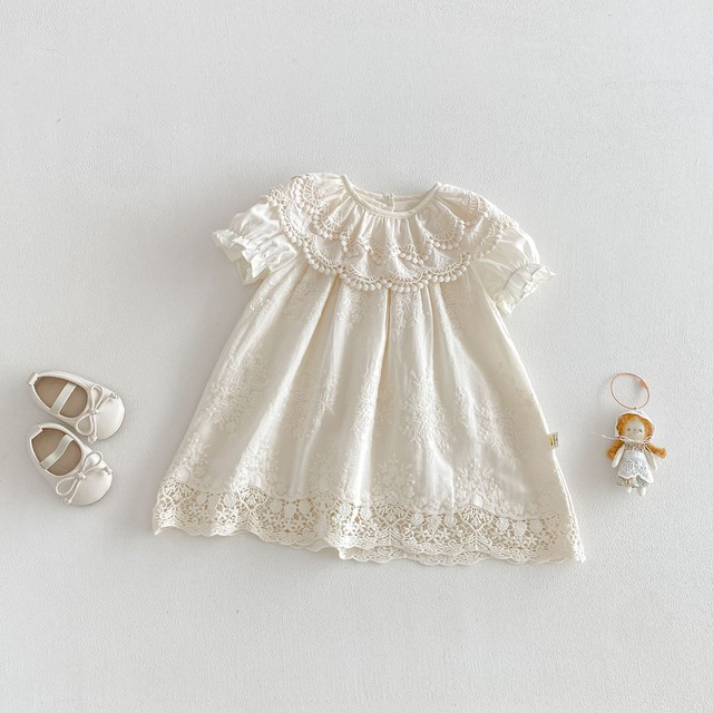 【BABY】オートクリームレースフリル刺繍半袖ワンピース - 5