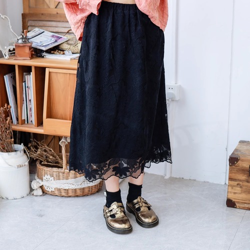 レースフラワー刺繍ミディアム丈スカート ・6584