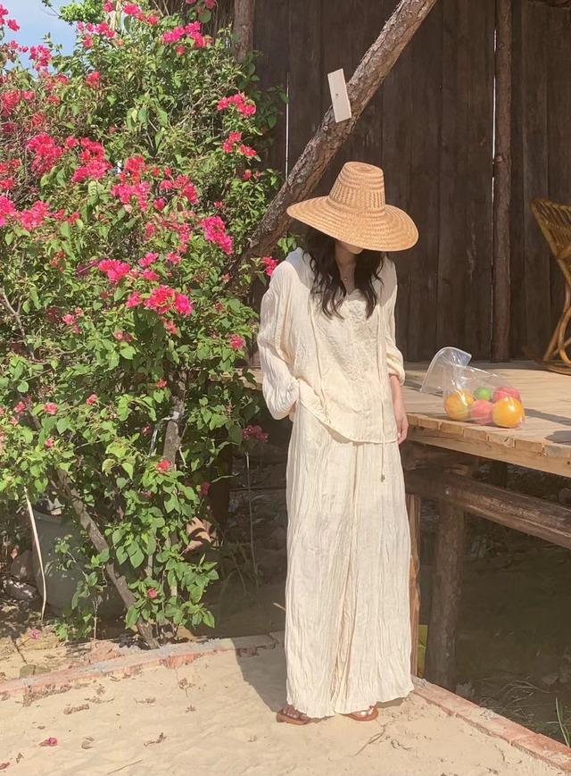 プリーツトップス サマーソリッド カラー薄手ルーズショーツ ロング 夏物 ブルマー ソリッドカラー ビッグFスモールZ韓国22760663899