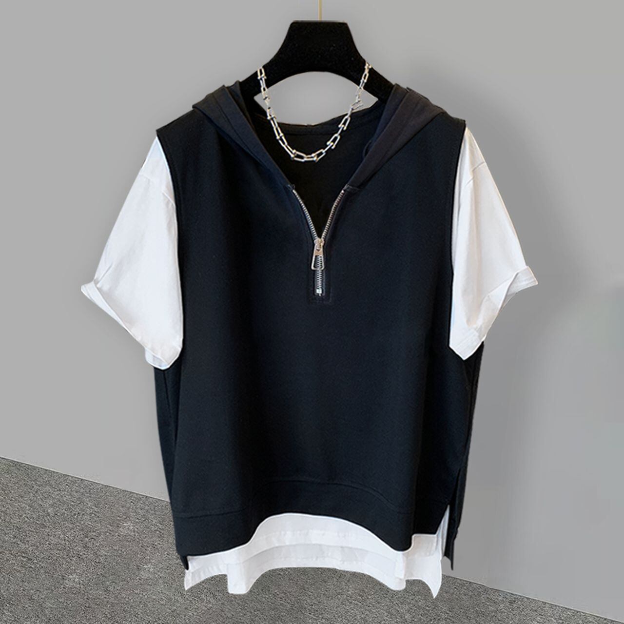 Zipper Fake Two-Piece Short Sleeve T-Shirt(MT1247)