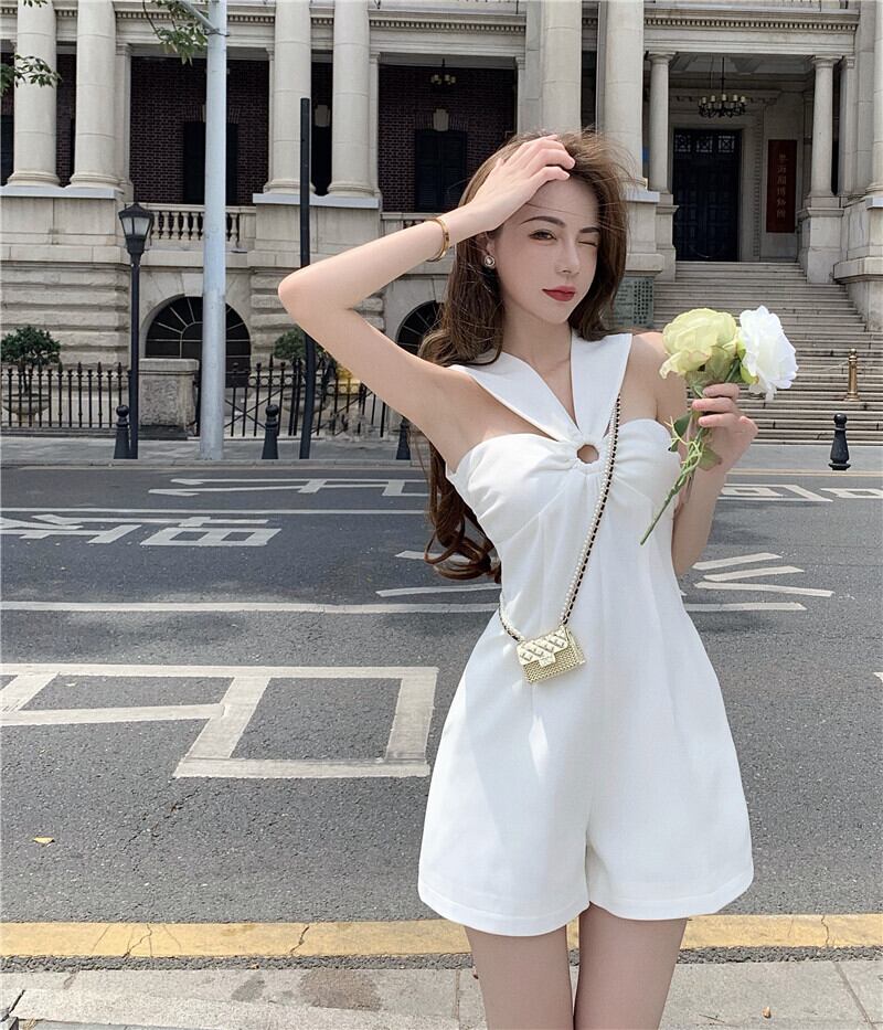 ジャンプスーツ オールインワン ホワイトハイウェストウェスト薄手ショーツ サマートップス パンツ 夏物 ブルマー ブラックストロベリース72710006063