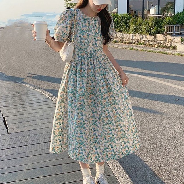 パフスリーブAラインフローラルロングワンピースL0937