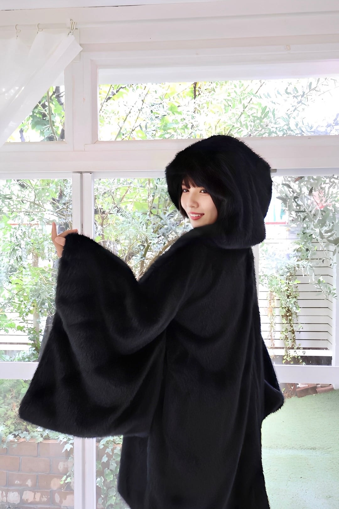 フェイクファーフード羽織 ブラック | MISAMARU