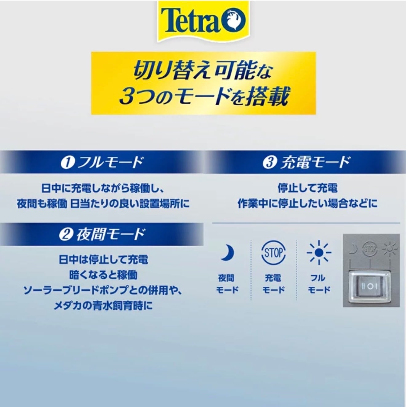 テトラソーラーチャージポンプ（夜でも雨でも曇りでも続く