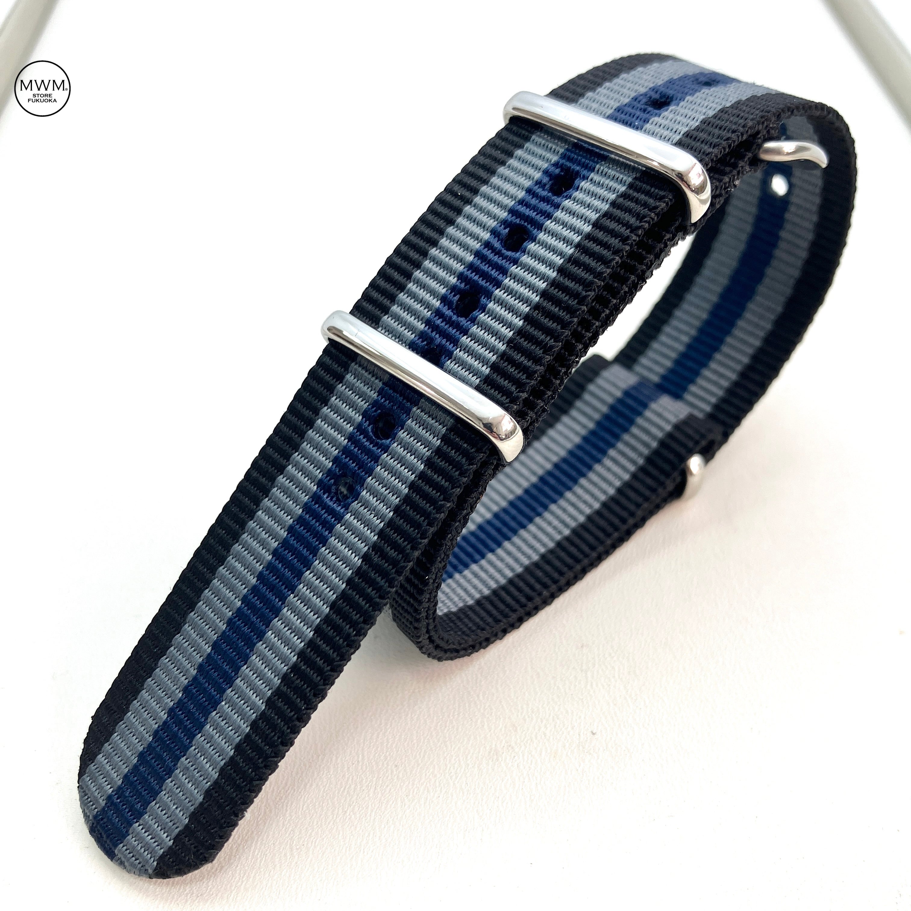 スタンダードNATOナイロンストラップ ブラック/グレー/ブルー 20mm幅