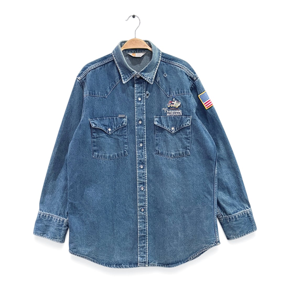 80s カーハート 企業系 ヴィンテージ デニムシャツ ウエスタンシャツ 企業別注 RUGGED OUTDOOR WEAR CARHARTT 大きいサイズ XXL相当 古着 CA1552