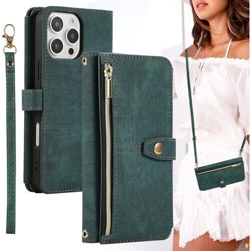 iPhone 16 Pro Max ケース 手帳型 ショルダー ストラップ 二本同梱 アイフォン 16 プロ マックス 手帳ケース アイホン 16 プロ マックス スマホケース アイホン16プロマックス ショルダーケース BonwFzin ストラップホール付き カード収納 バッグ マグネット 肩がけ 斜め掛け ファスナー ジッパー ストラップ付き スタンド カード入れ レトロ グリーン 2821