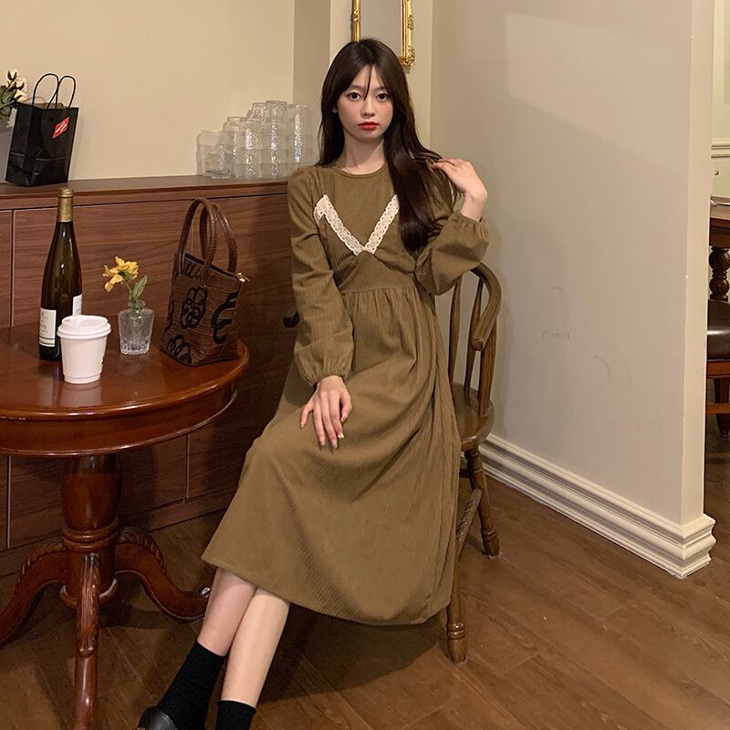 【新作】【送料無料】 実際のショット[高品質オリジナル]韓国風の女性のための新しい秋冬の厚みのあるコーデュロイフェイクツーピースドレス 0226365623308