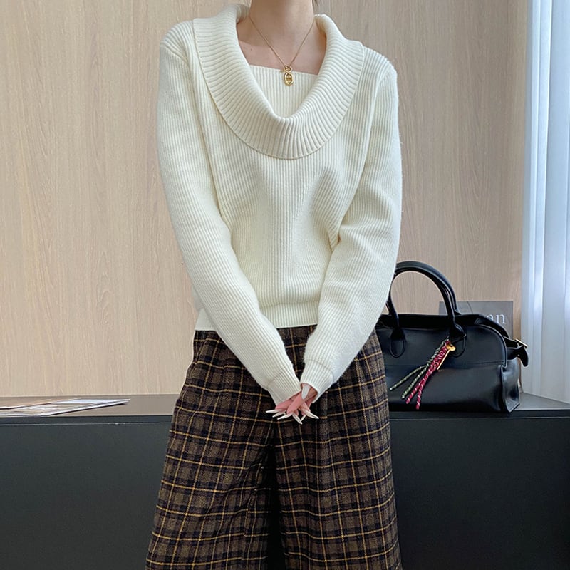 【tops】5色展開ドレープドネックニットトップス Q7379