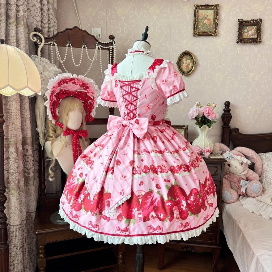 苺姫のティータイム 赤リボンいちご柄姫袖レースフリル甘ロリ