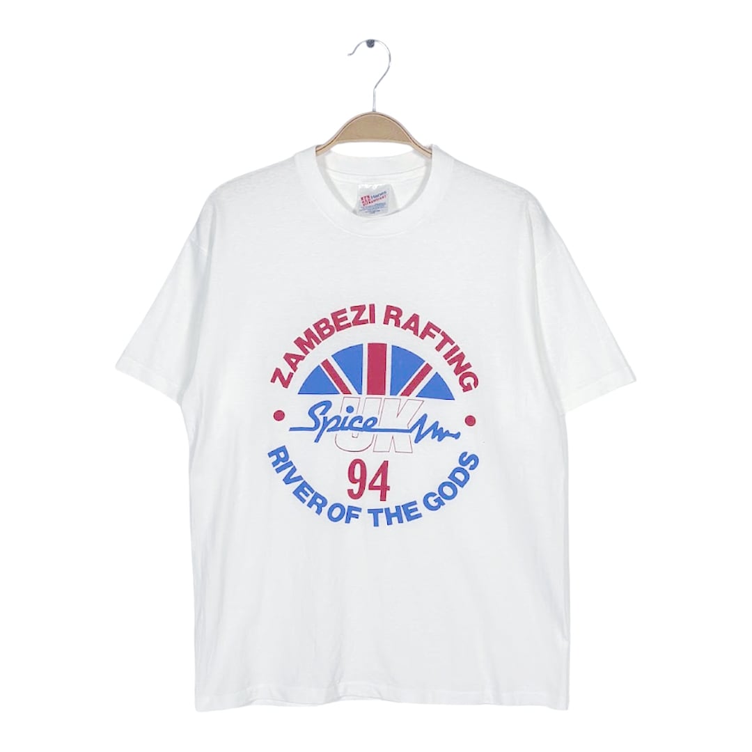 90s ラフティング ユニオンジャック USA製 ヴィンテージ Tシャツ ゴムボート ホワイト シングルステッチ ヘインズ HANES サイズL BZ0615