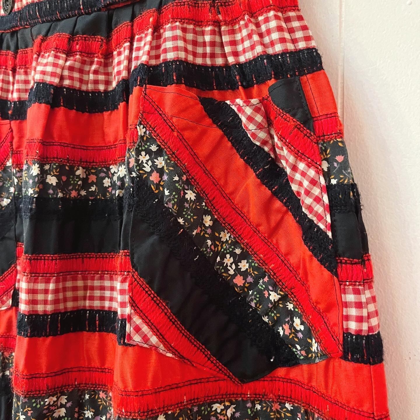 red gingham check black flower skirt