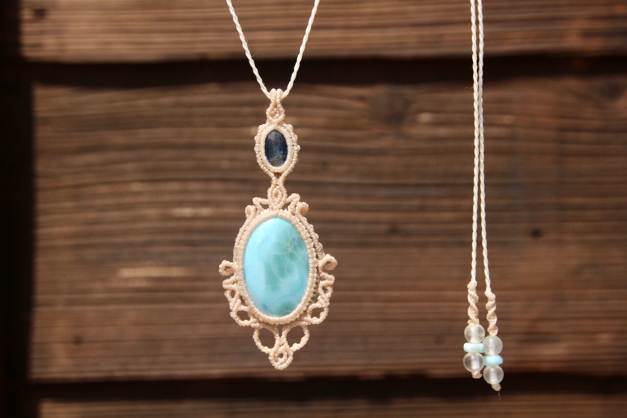 Larimar & Kyanite micro macrame pendant