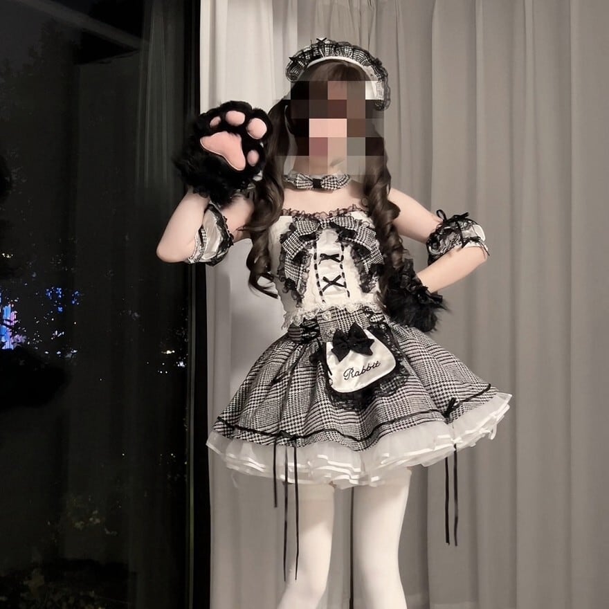ロリータファッション メイド服 白黒チェック フリルリボン6点セット