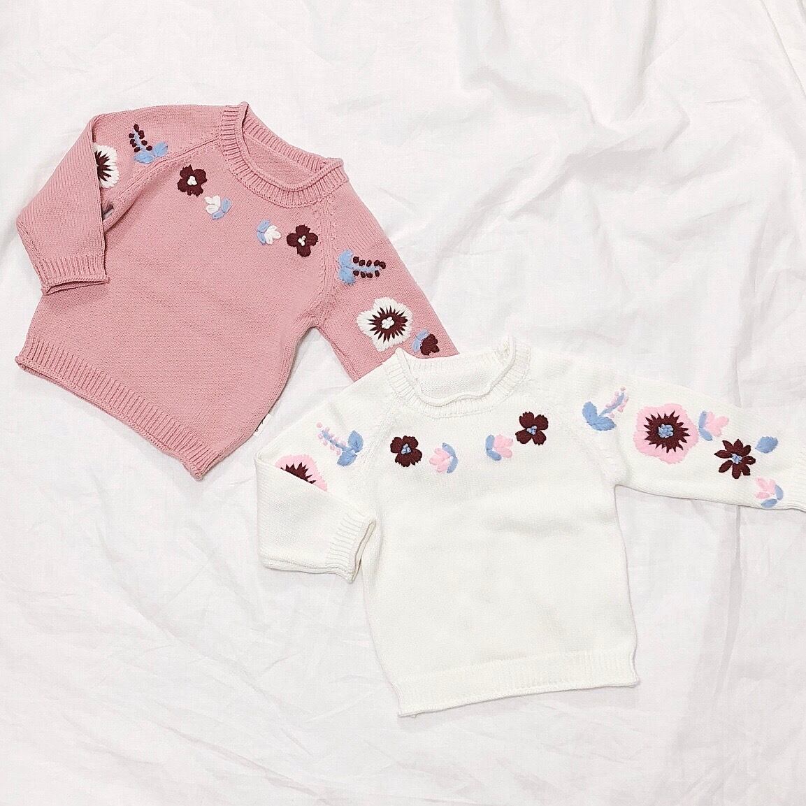 冬 送料無料 花刺繍 モール刺繍ニット トップス 73 80 90 100 ホワイト ピンク ニットトレーナー セーター 子供服 ガーリー 女の子 こどもふくのお店 Tigtig