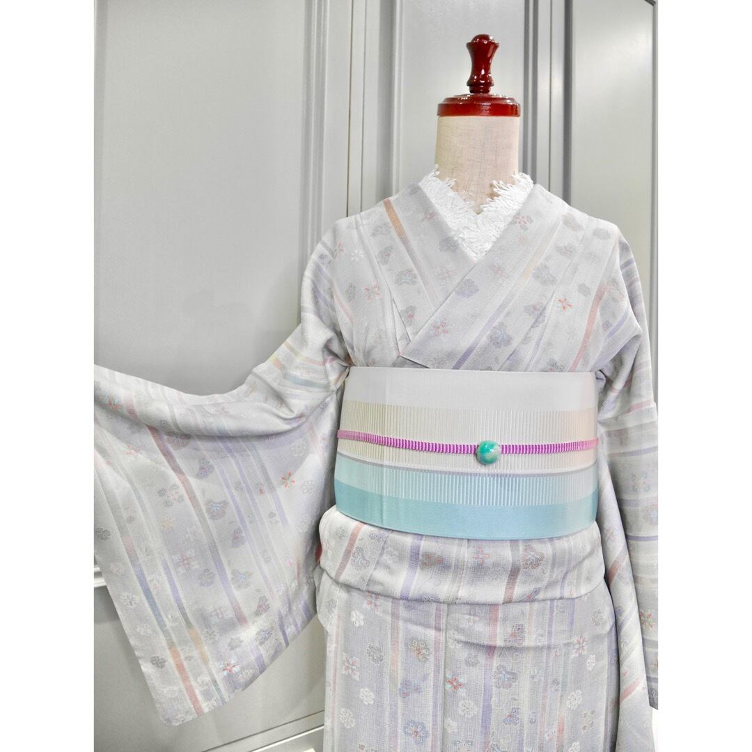 ロング*単衣*薄グレー地に縦縞×花柄 リサイクル小紋キモノ 0289