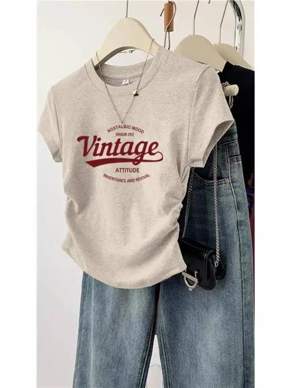 夏用ドーパミン半袖スリムフィットTシャツ レディース アシンメトリーヘムプリントトップ コットンポリエステル混紡 ラウンドネック ショート丈