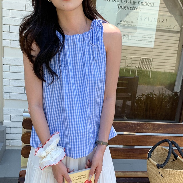 【tops】ノースリーブチェック柄トップス　M33015