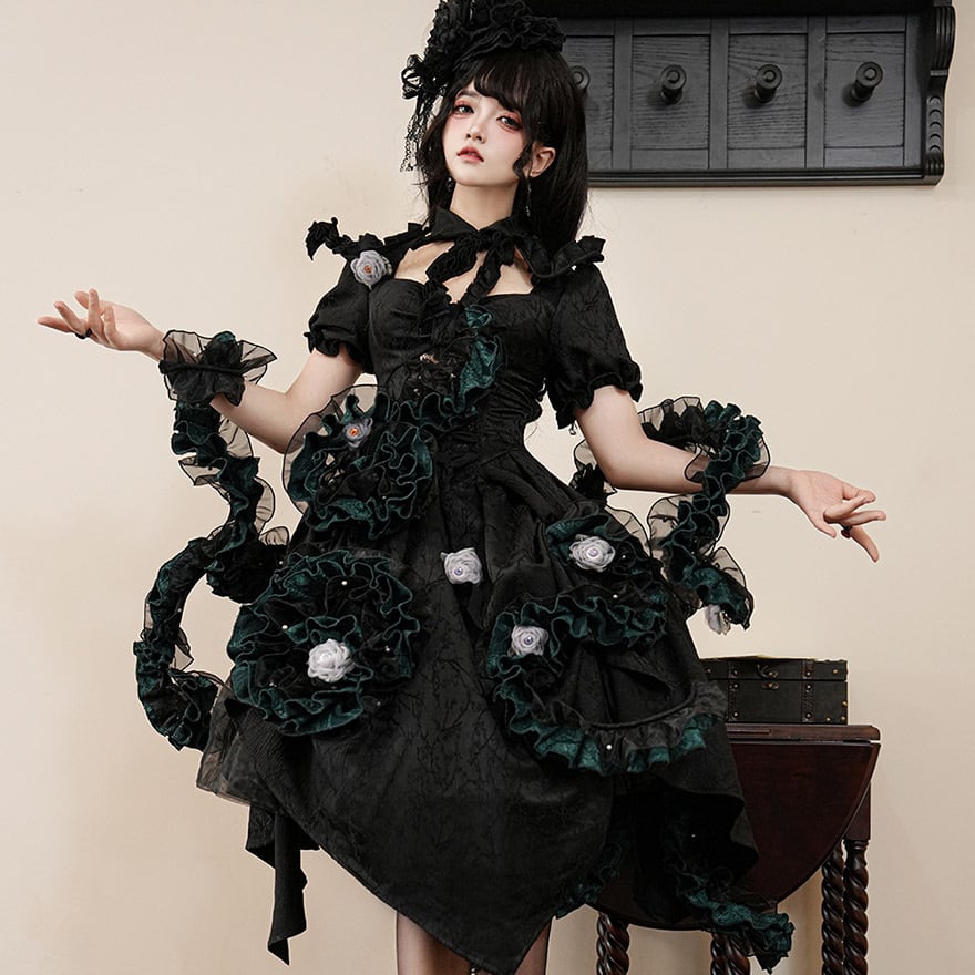 【ユ】ゴスロリドレス 黒 Mサイズ ゴスロリ通販 With U ゴスロリ ドレス ロング丈 アシンメトリー