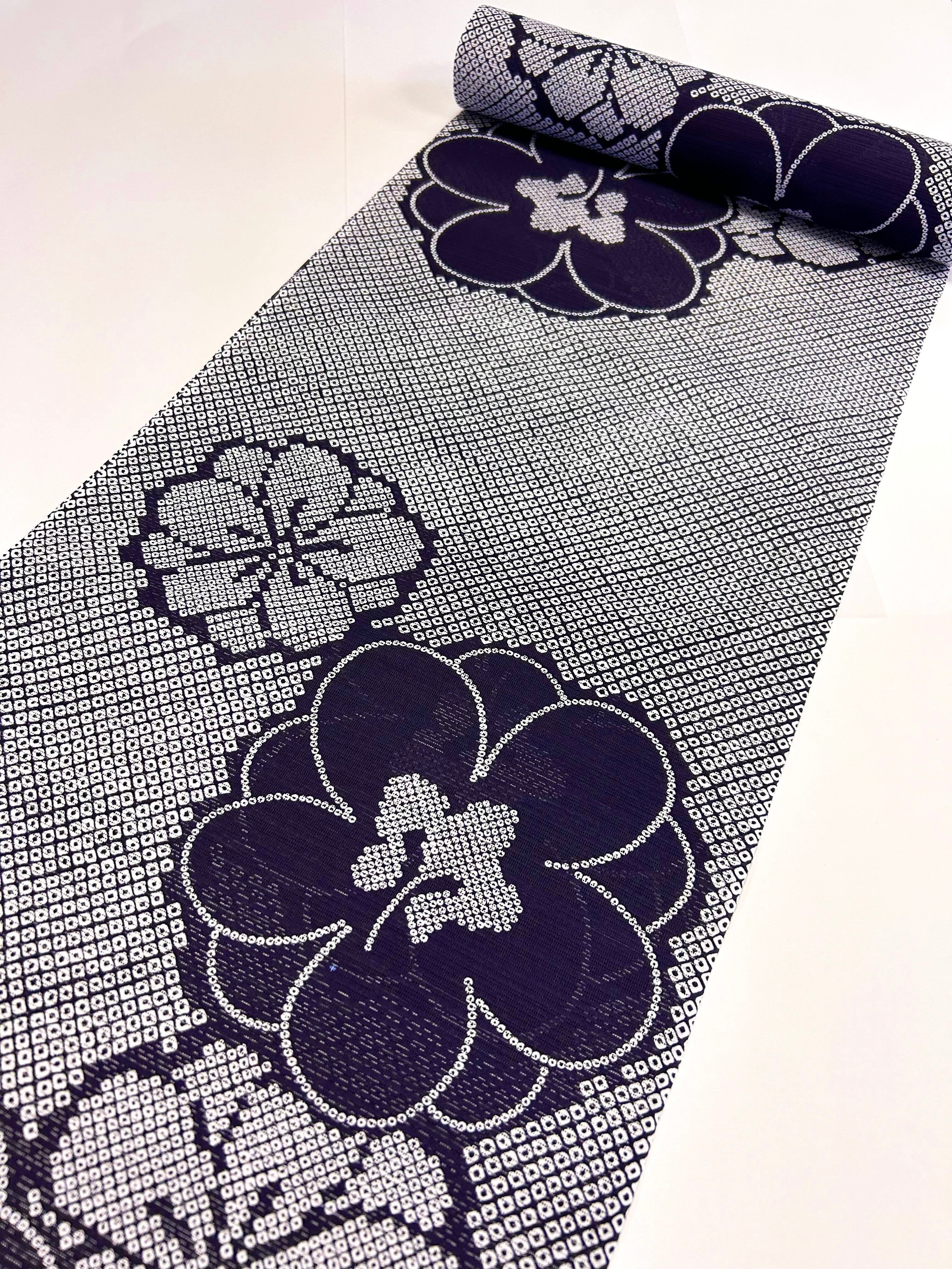 本場越前博多織紗八寸名古屋帯【江戸紅型◆紗八寸】洋花更紗 白 黒 紫 紺 本場越前博多織紗八寸名古屋帯【江戸紅型◇紗八寸】洋花