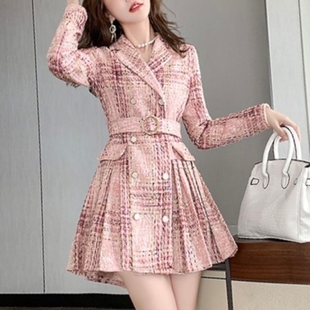 【S~XL,1color】ピンク チェック ベルト付き コート a076